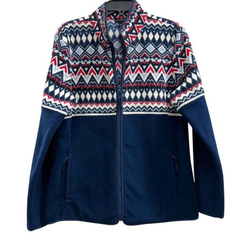 Talbots Fair Isle Polar Fleece Jacket navy blue red, white blue geometric sz L